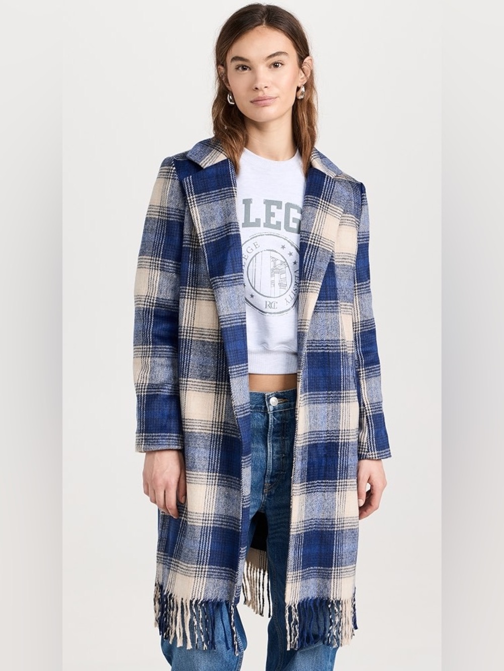 Z Supply Blue and Cream Plaid Fringe Long Coat